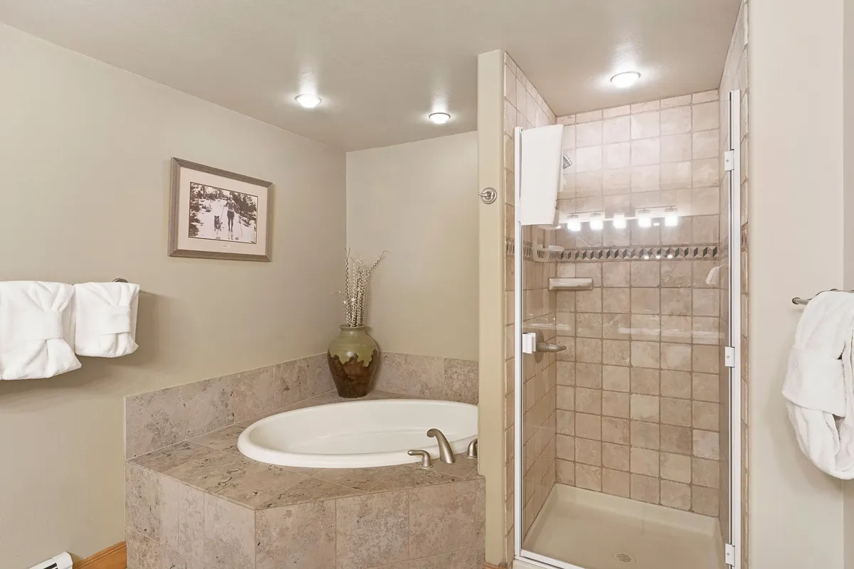 A spa-like ensuite bathroom featuring a deep soaking tub, modern shower area, decorative vase, and tranquil décor. The space invites relaxation and rejuvenation, perfect for unwinding after outdoor adventures.